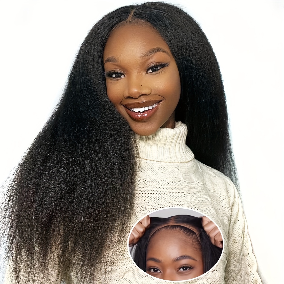 Wear And Go Glueless Wig Kinky Straight Lace Pre Cut 4x4 Hd - Temu