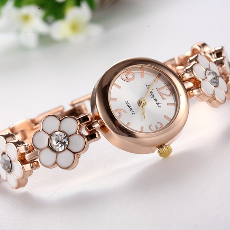女性用腕時計 かわいいフラワー クォーツ ブレスレットウォッチ エレガントなラインストーンの装飾 アナログ腕時計 - Temu Japan