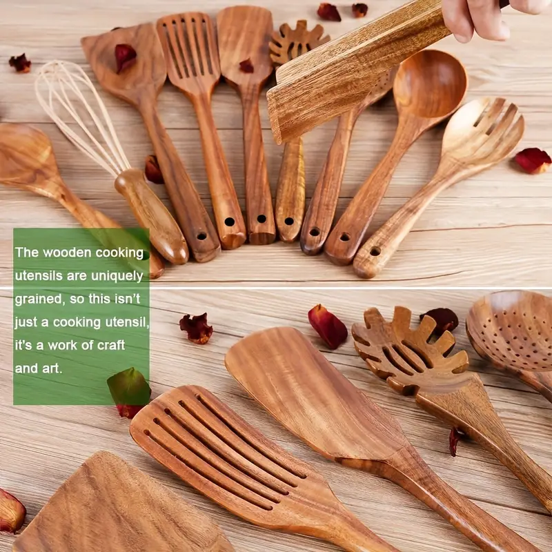 1pc Kitchen Utensils Set With Holder, Kitchen Wooden Utensils For Cooking ,  Wood Utensil Natural Teak Wood Spoons For Cooking,Wooden Kitchen Utensil S