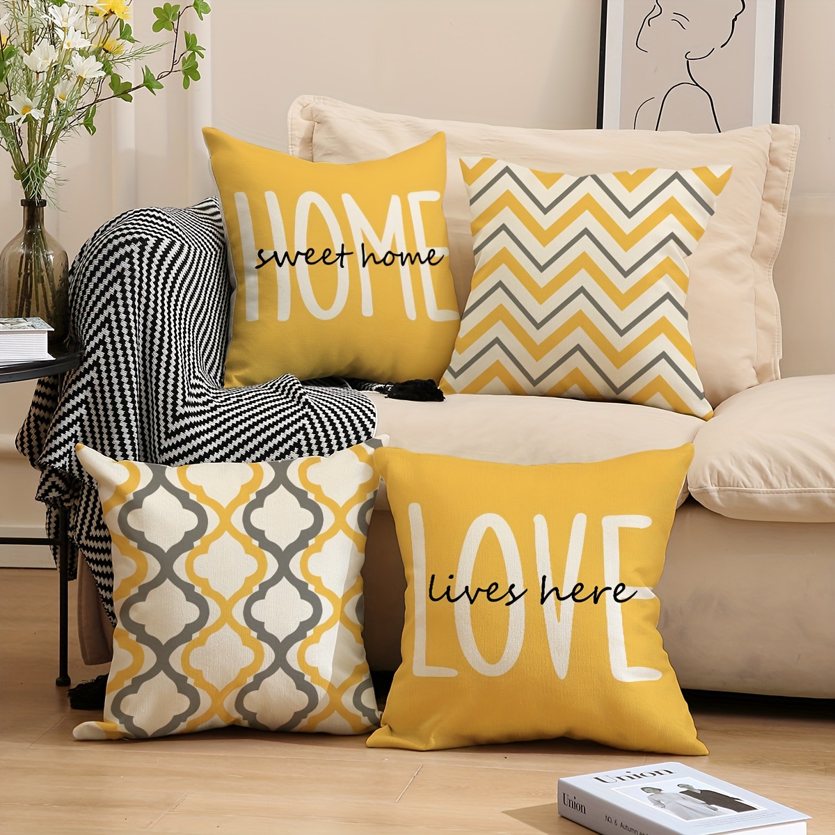

4pcs Yellow Geometric Modern Linen Blend Decorative Pillowcase Sofa Bedroom Decorative Square Pillowcase Home Decor, Room Decor, Office Decor, Living Room Decor, Sofa Decor (no Pillow Core)