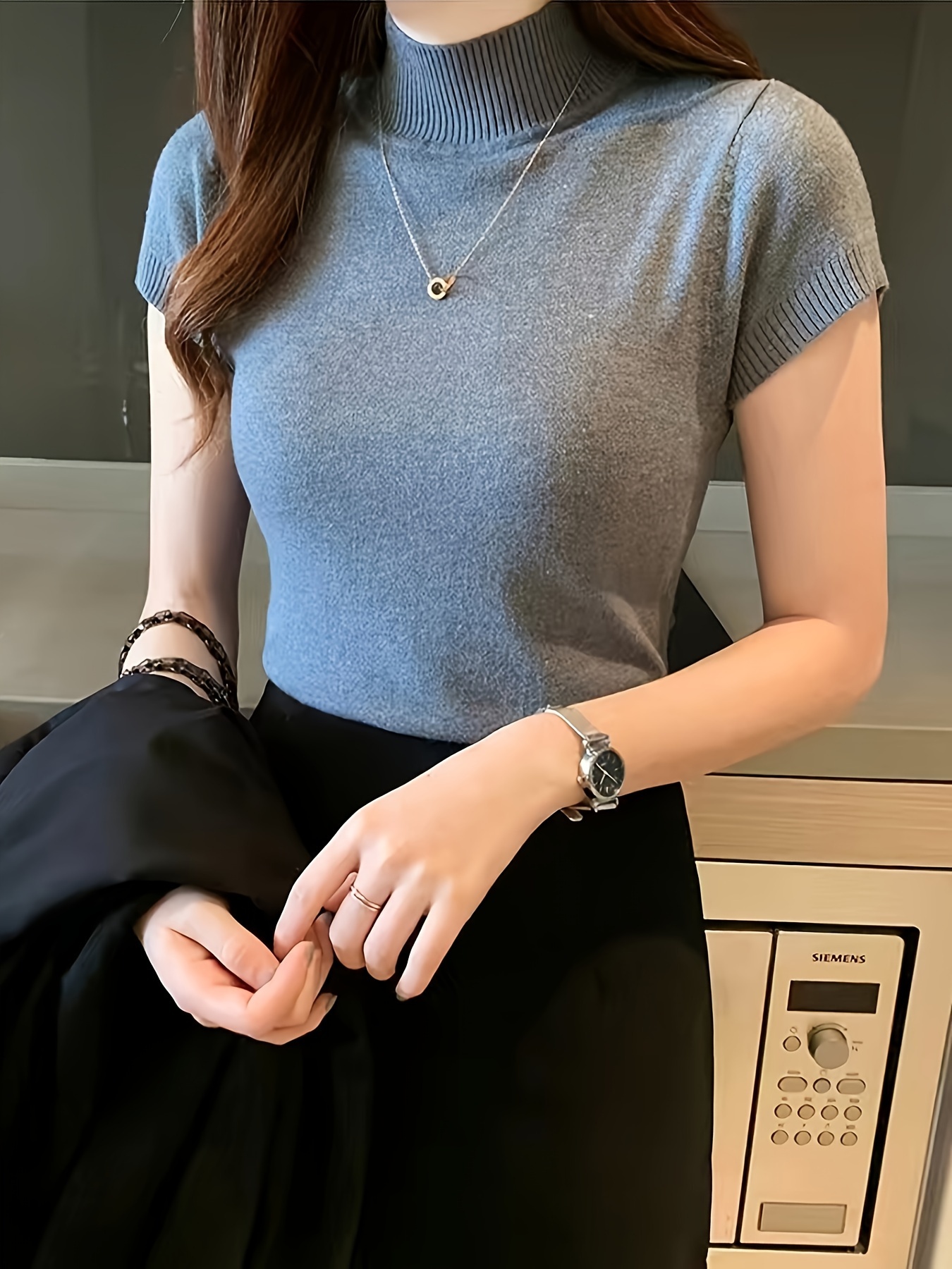 New Style Knitted Versatile Design Half-High Collar Short Sleeve Thin Pullover
