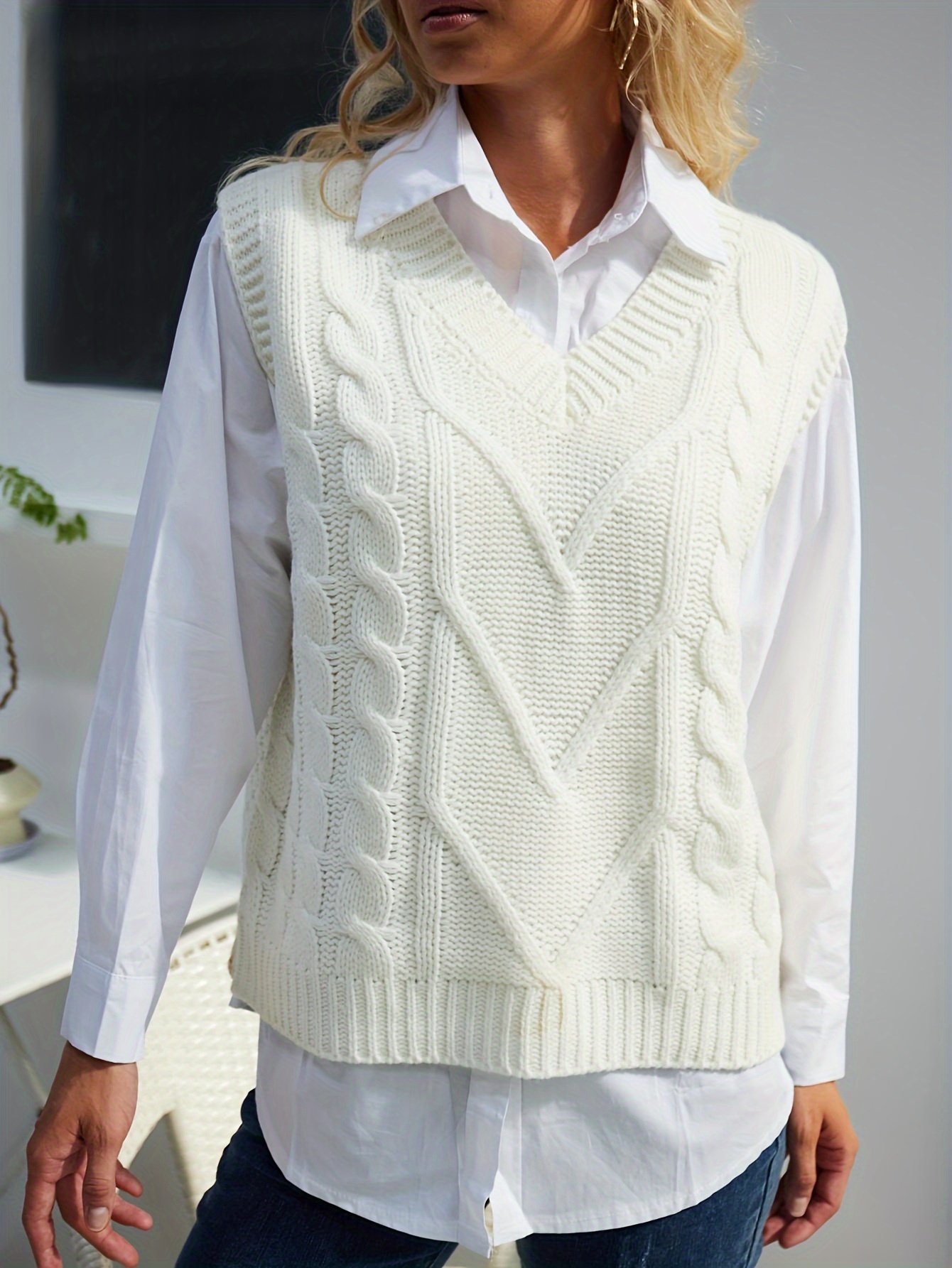 Solid Cable Knit Vest Elegant V Neck Sleeveless Sweater Vest
