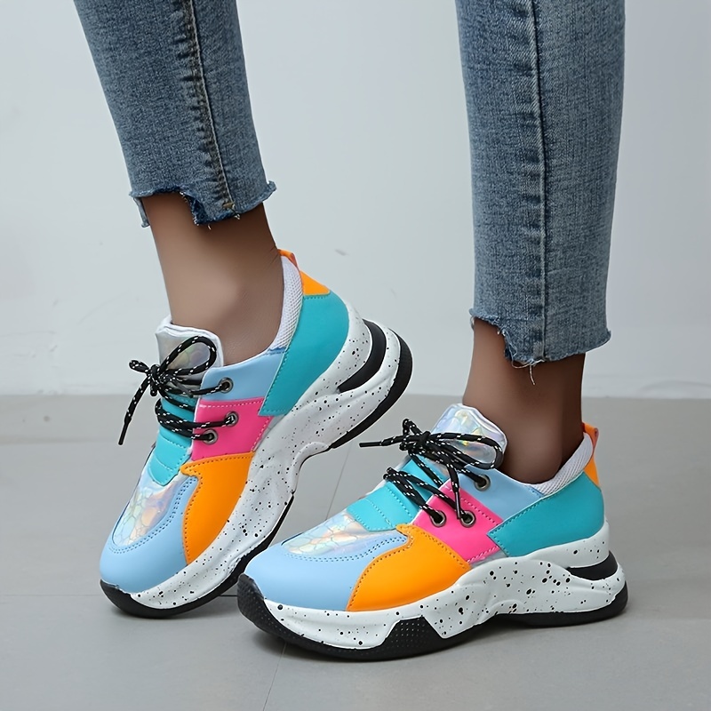 Women's Holographic Colorblock Chunky Heel Sneakers, Fashion Lace Up Sports  Shoes, Casual Low Top Walking Sneakers