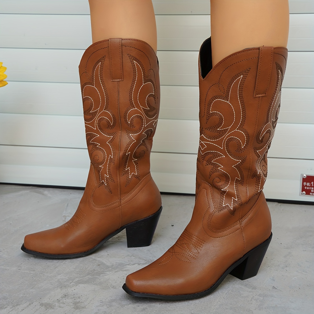 Womens Chunky Heeled Cowboy Boots、刺繍ポイントトゥvカットミッド