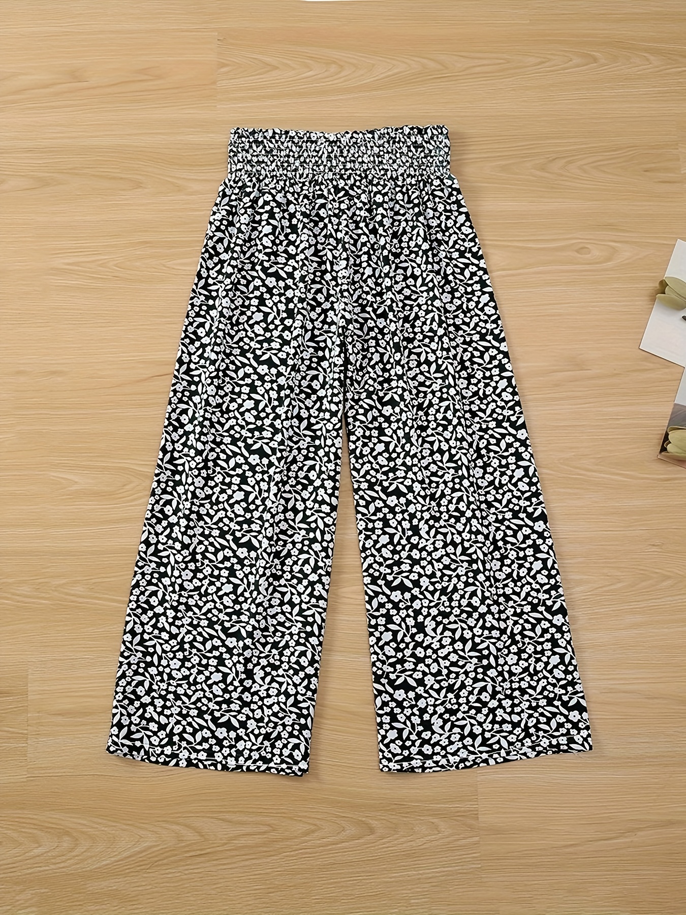 Ditsy Print Smocked Waist Wide Leg Pants for Women