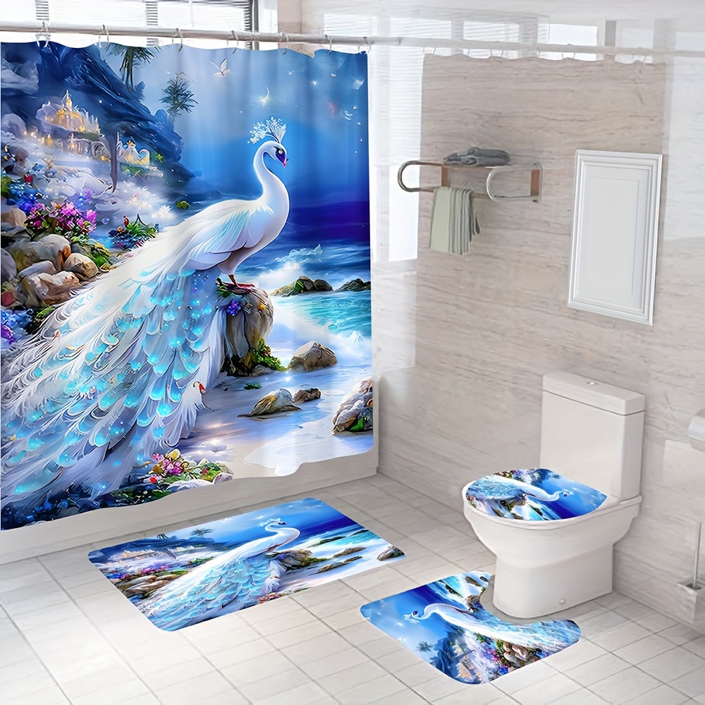 4pcs White Peacock Pattern Shower Curtain Set, Waterproof Curtain With 12  Hooks, Bathroom Carpet, U-shaped Mat, Toilet Cover, Decorative Bathroom Set