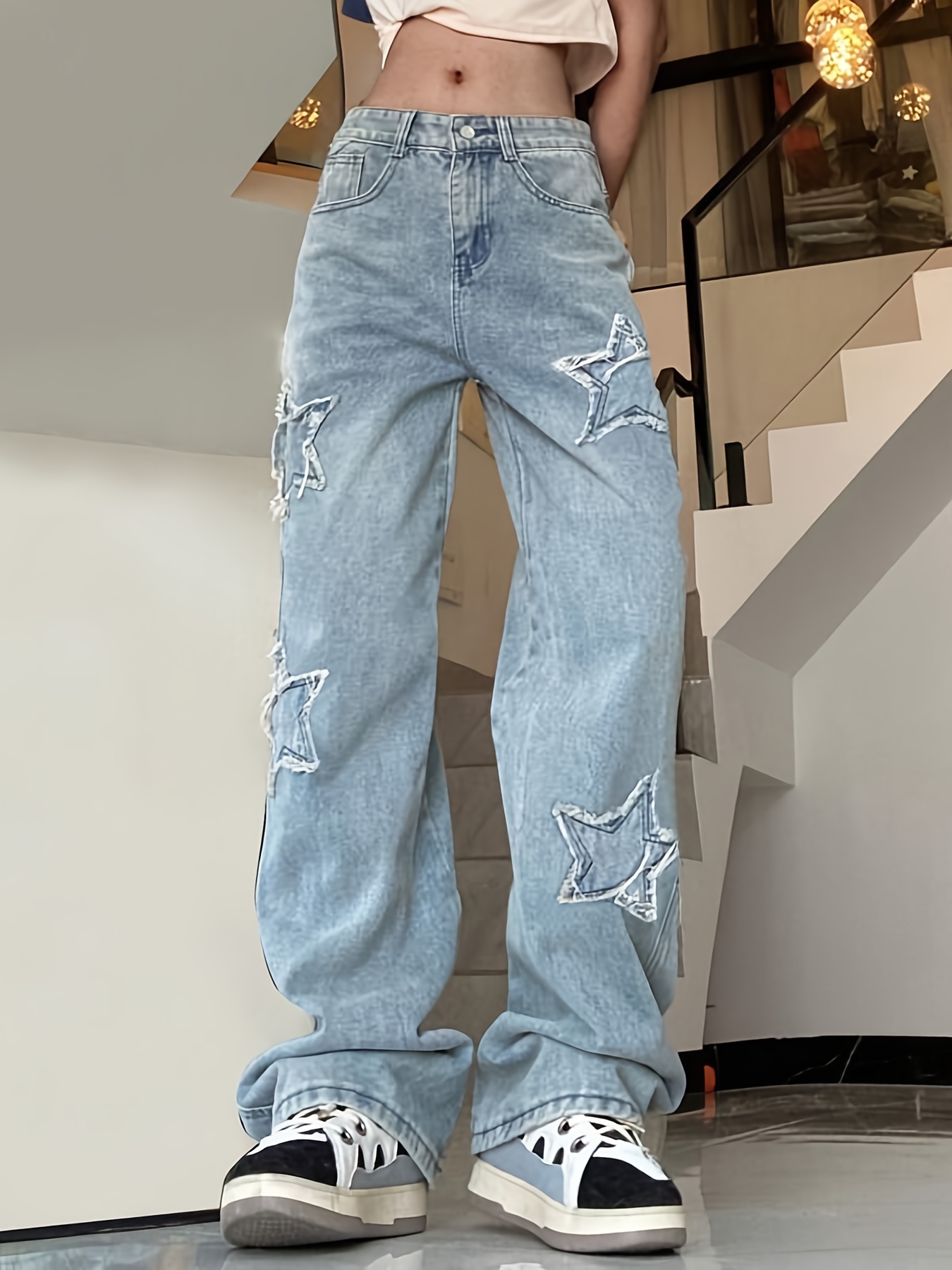 Blue Star Shape Straight Jeans Loose Fit Slant - Temu