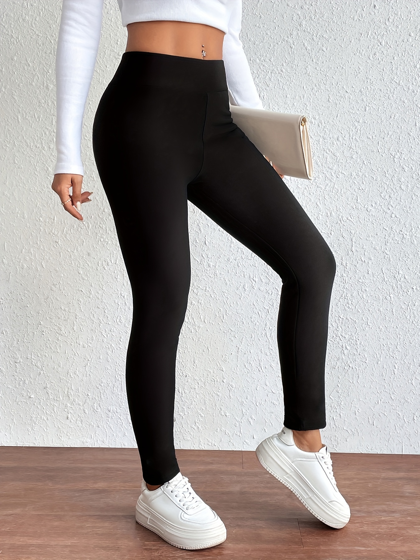 Solid Simple Skinny Thermal Leggings, Versatile Every Day Stretchy  Leggings, Women's Clothing