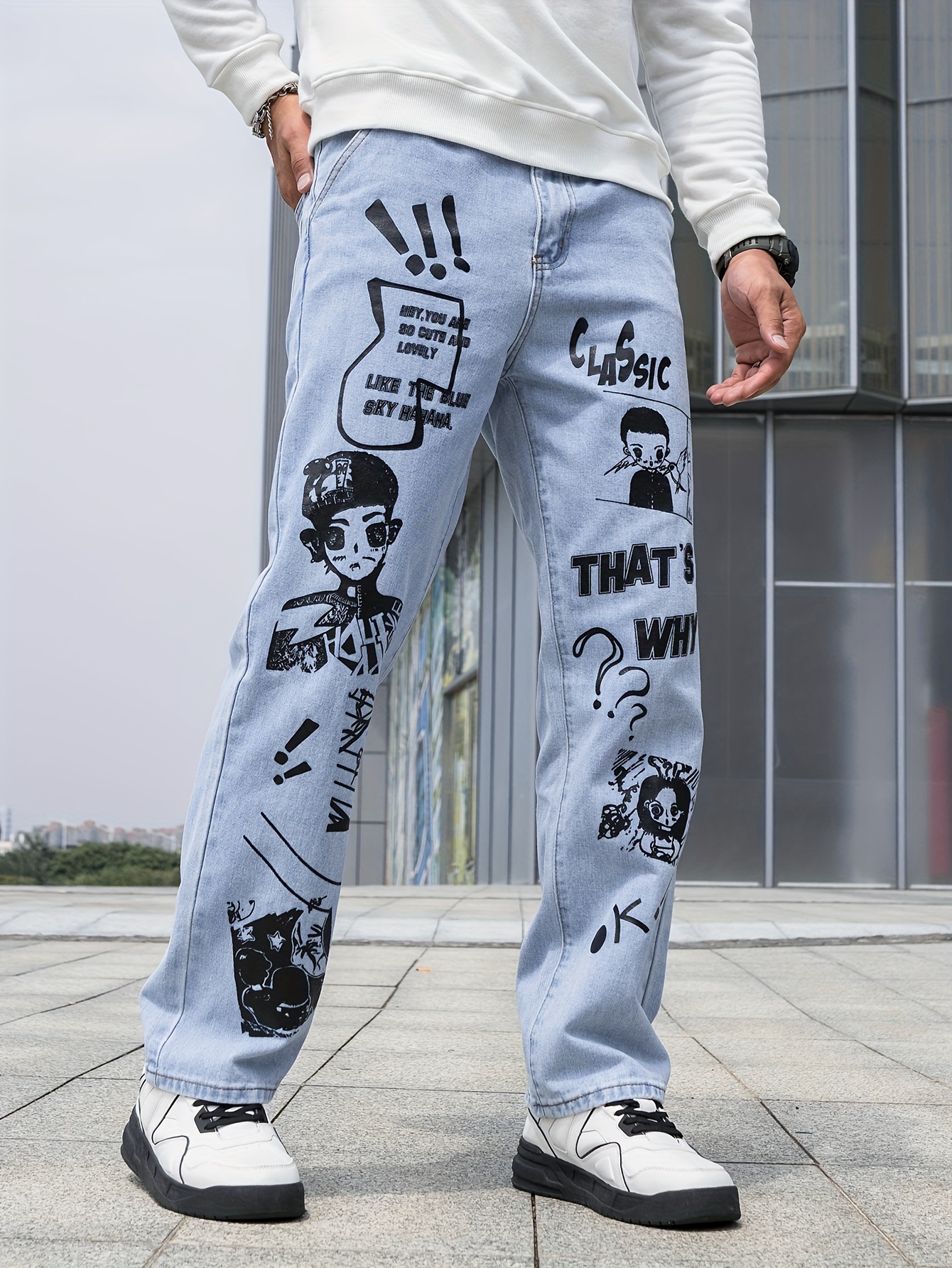 Denim Print Dual Pockets Loose Pants Casual Comfy Pants - Temu