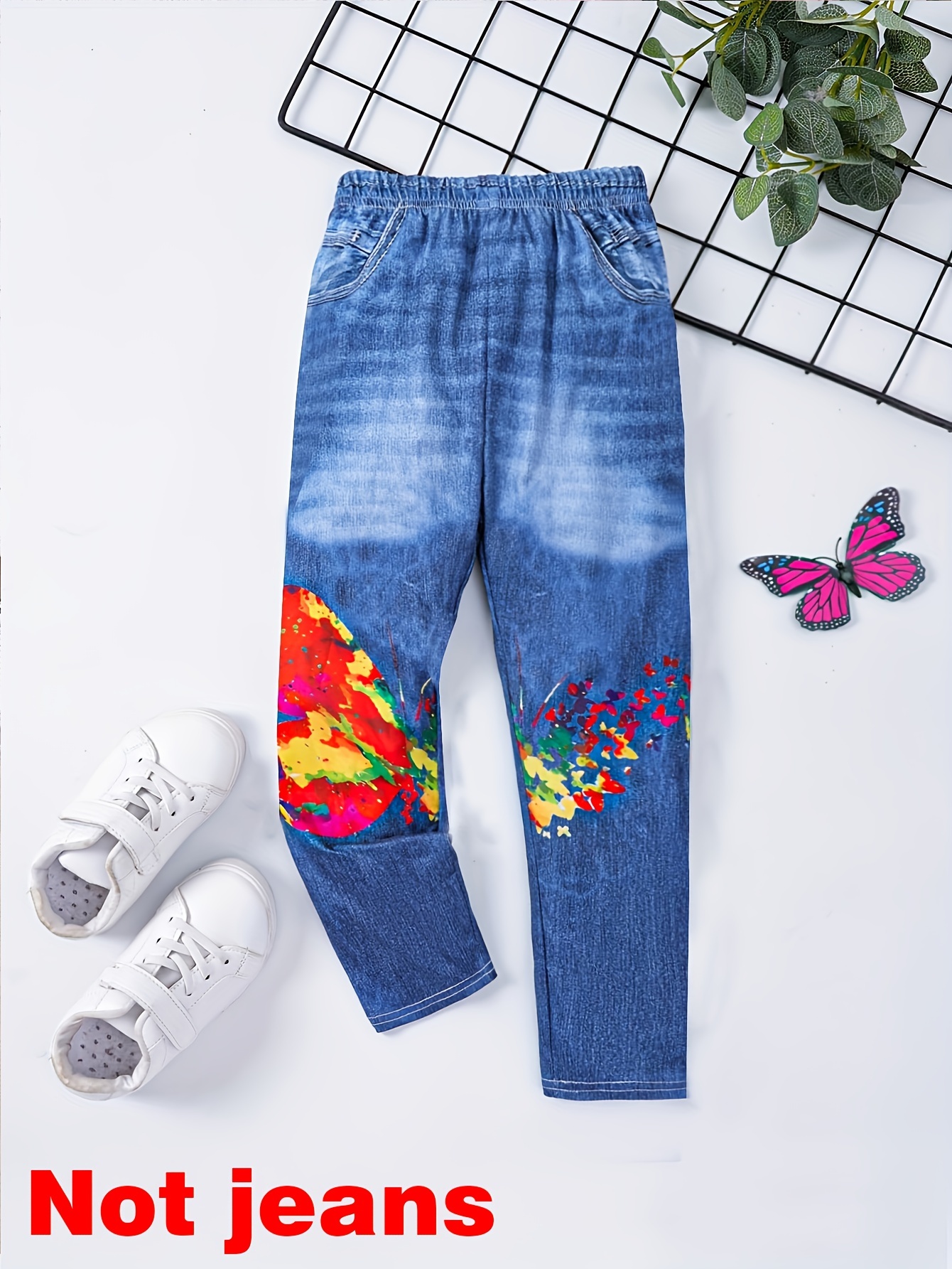 Teen Girls' Fashionable Butterfly Printed Jeans Leggings, Imitation Denim