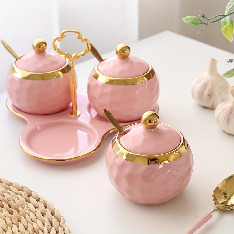 Ceramic Pink Spice Jars Set Sugar Container Salt And Pepper