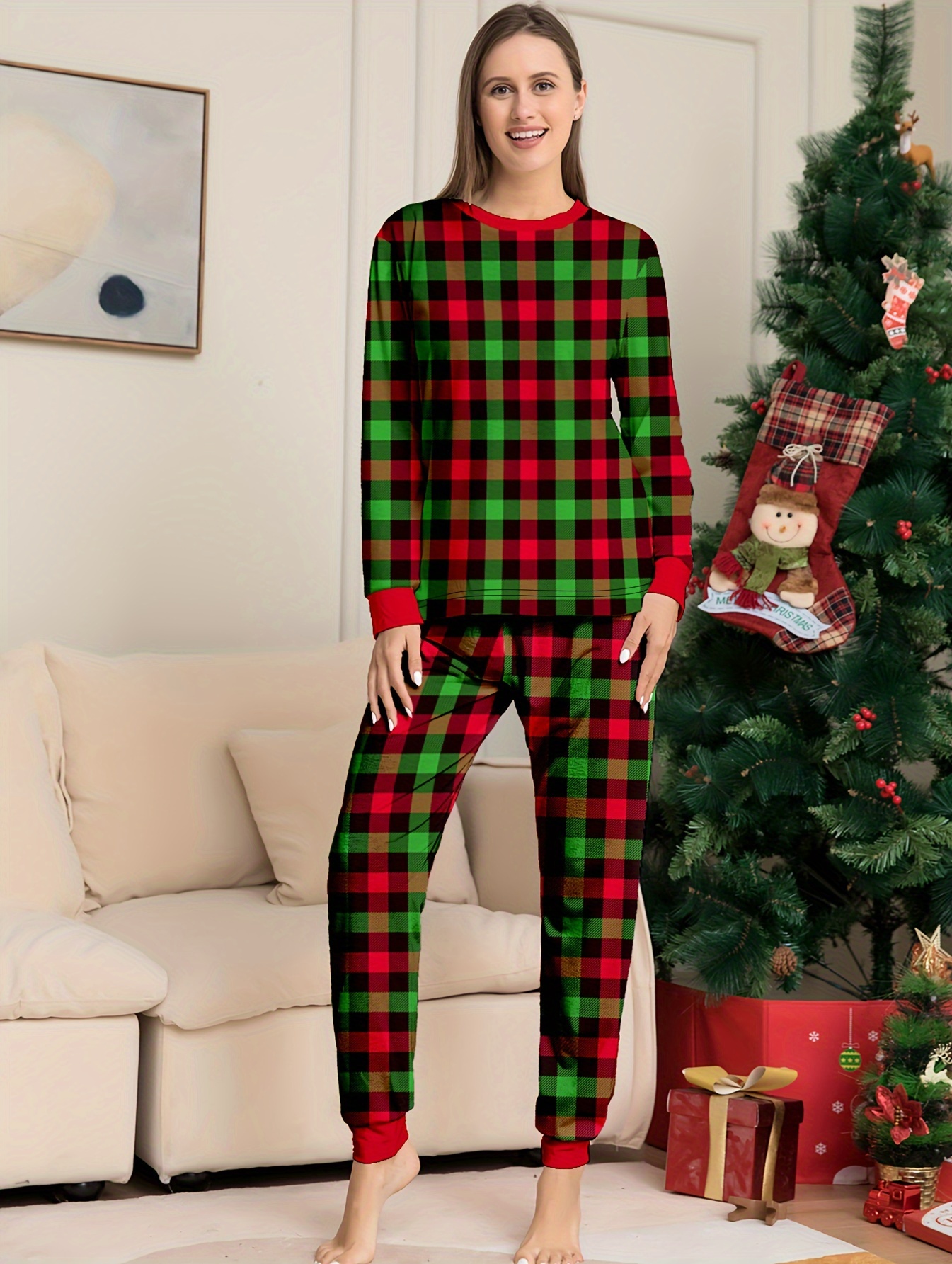 Colorblock Plaid Christmas Pajama Set Long Sleeve Buttons - Temu