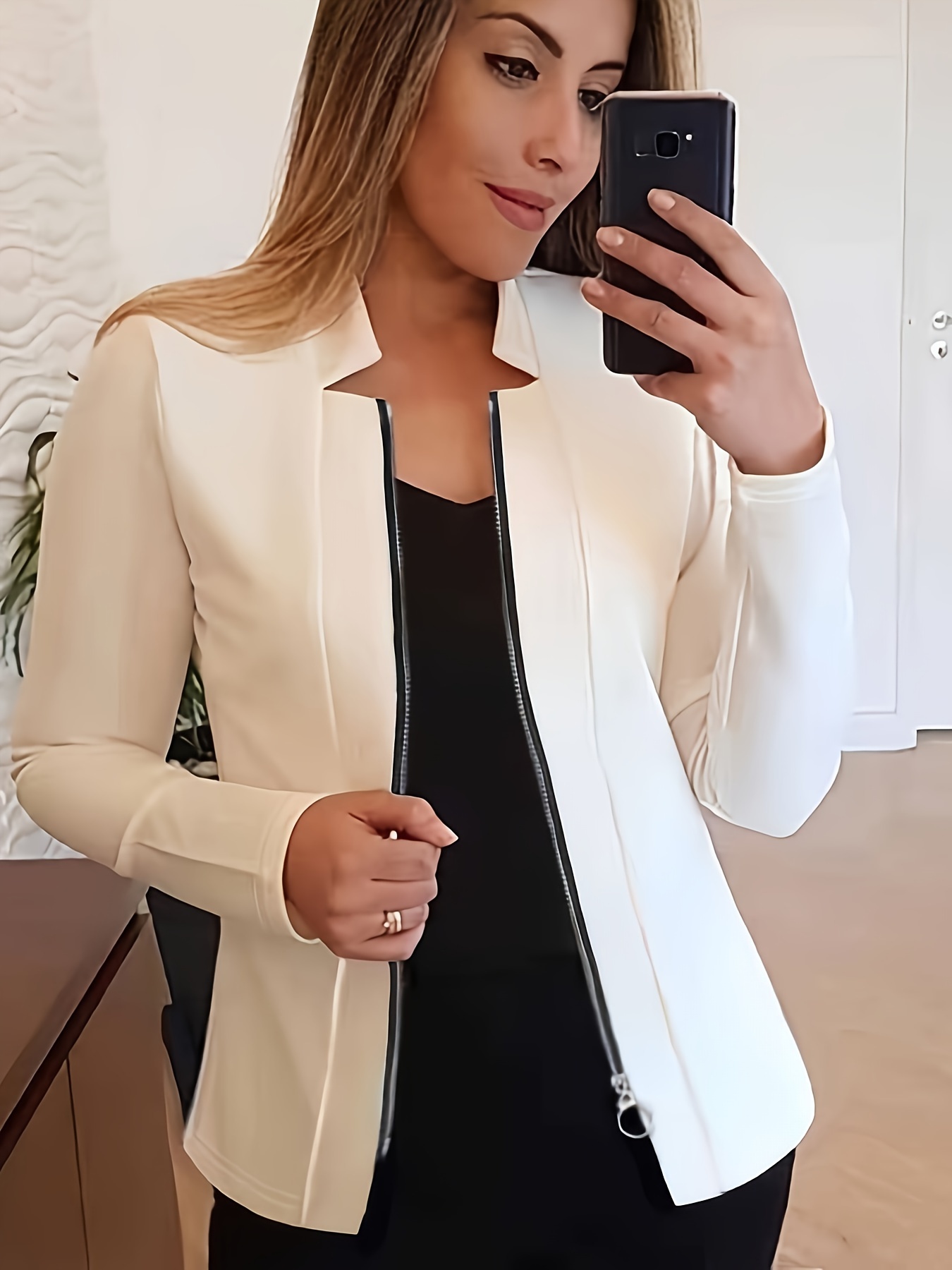 XFLWAM Womens Cropped Blazer Jacket Elegant Business Work Office Blazer  Casual Collarless Open Front Cardigan Suit Jackets with Zipper Pockets  White L