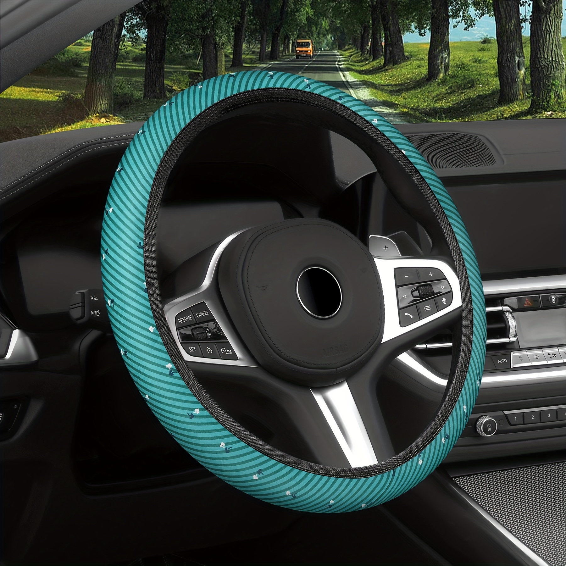 Blue Leather Steering Wheel Cover Set For Women Cute Car - Temu