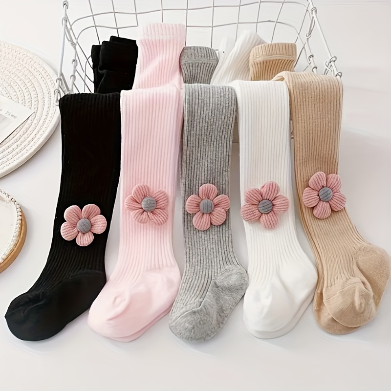 

A Pair Of Girl's Solid Over The Knee High Socks With Toy Flower Decorated, Comfy Casual Soft Leggings For Kids Outdoor Activities