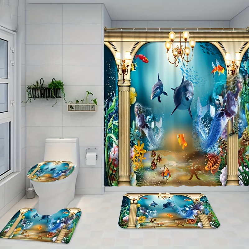 Ocean World Cartoon Mermaid Shower Curtain Mats Waterproof - Temu
