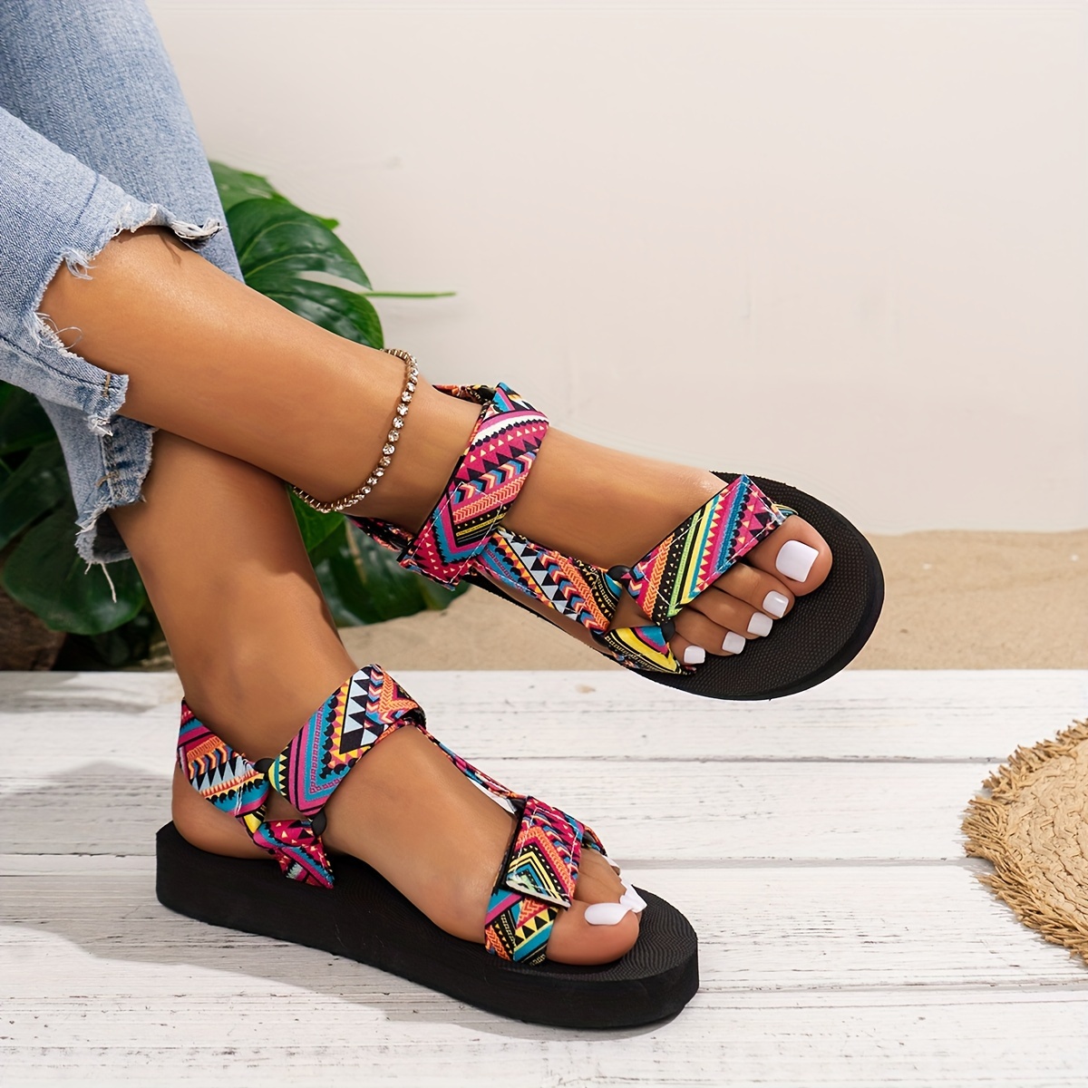 Women's Black Thong Sandals Hook Loop Flat Sandals Solid - Temu