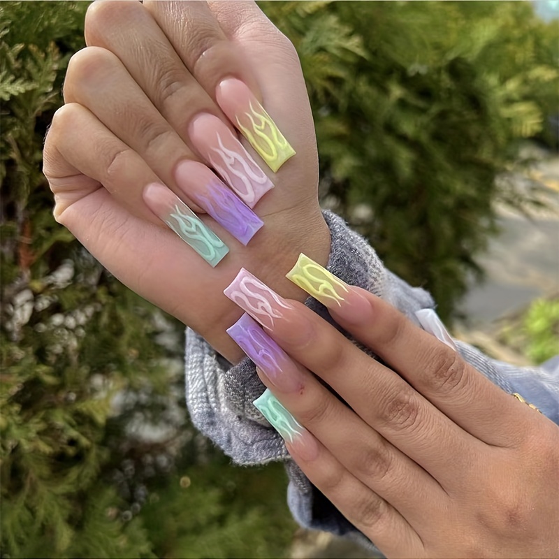 Matte Long Square Fake Nails, Colorful French Tip Press On Nails With Star  Design, Ombre Color Full Cover False Nails For Women Girls - Temu South  Korea