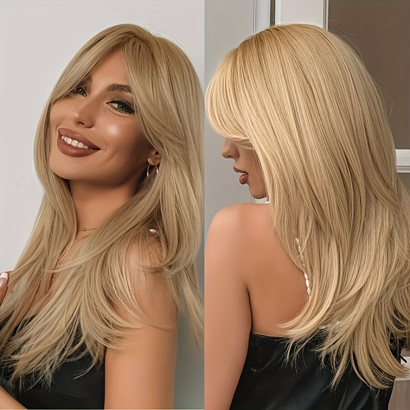 Straight Layered Blonde Wig With Curtain Bangs Synthetic Wig With Dark Roots For Women Heat Resistant