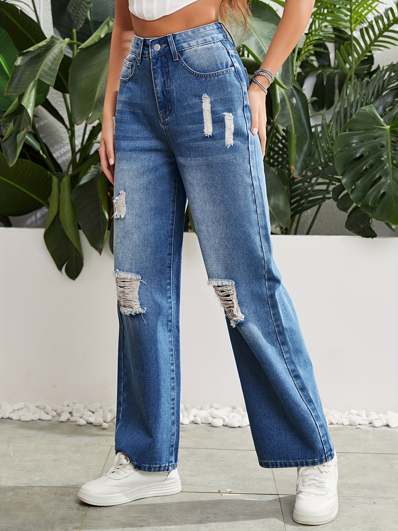 Pantalones De Mezclilla Rasgados De Tiro Alto Jeans Sueltos Con Bolsillo Inclinado Medio Desgastado Jeans Y Ropa De Mezclilla Para Mujer