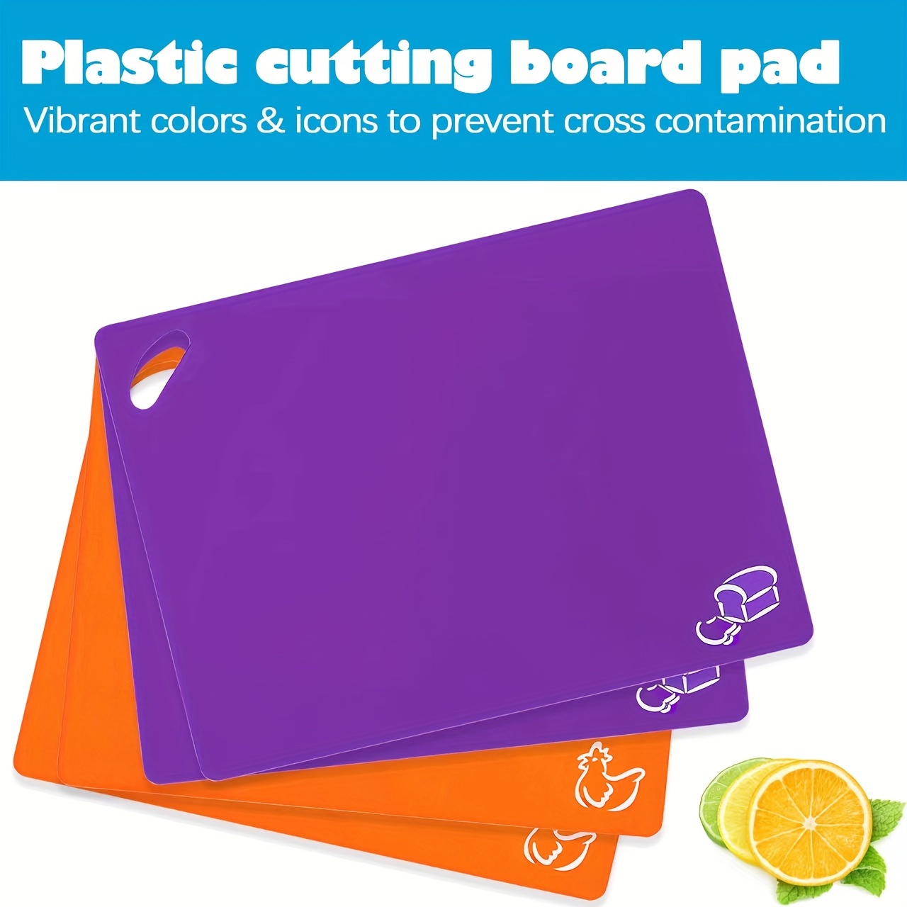 Plastic Cutting Board Mats Set,Flexible Kitchen Chopping Board,Colored  Cutting Mats With Food Icons & Easy-Grip Handles & Anti-skid