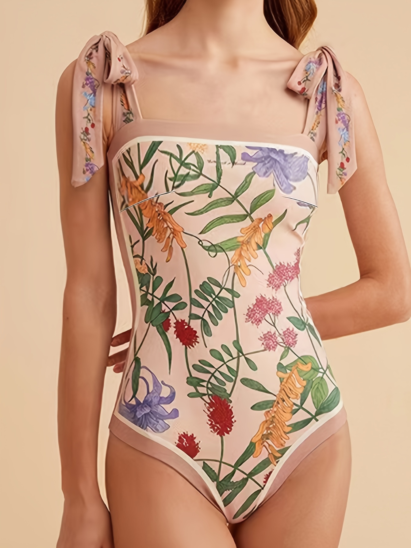 Ditsy Floral Print Tie Shoulder Tankini High Stretch Ruffle - Temu