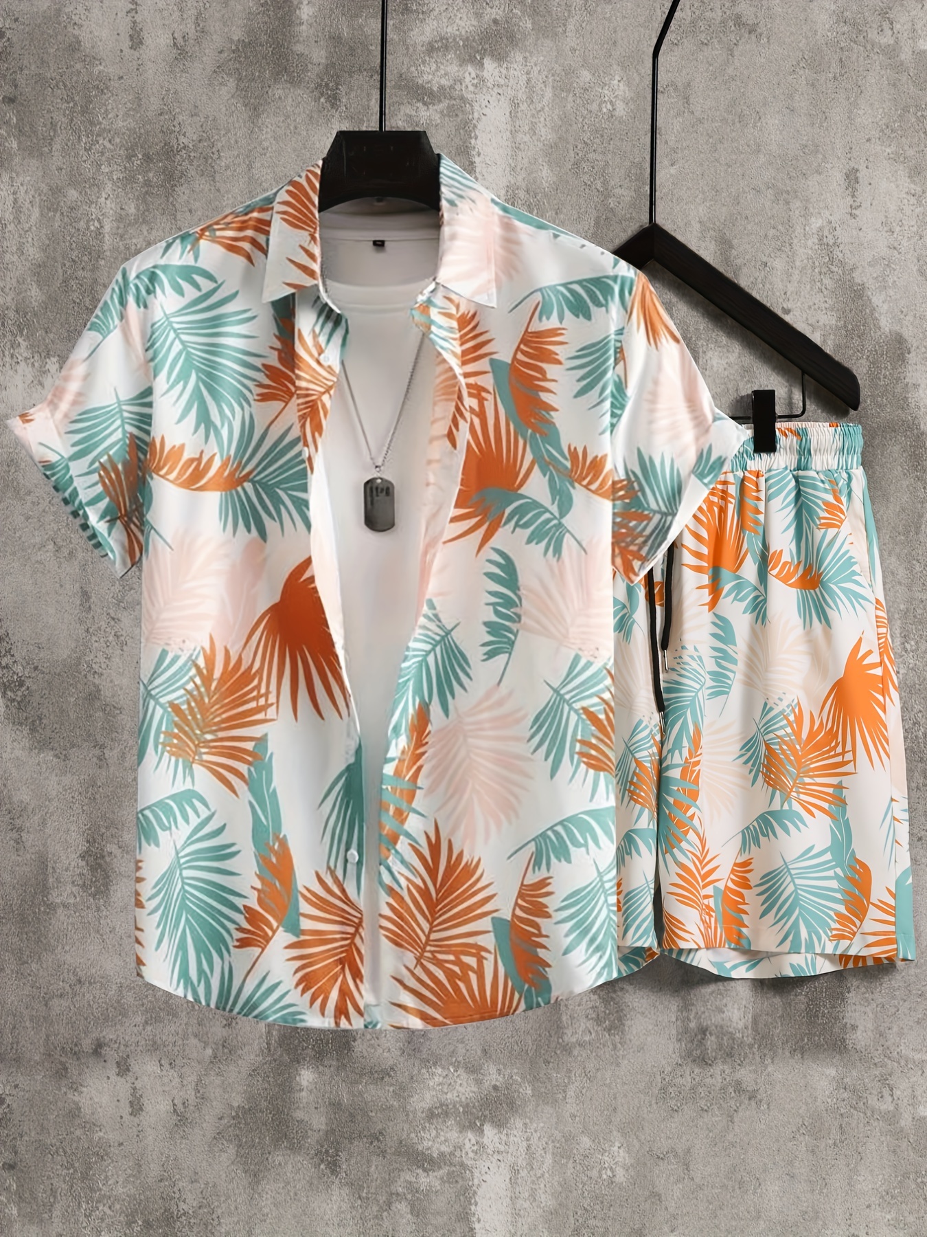 Men's 2 Piece Outfits, Leaf Full Print Button Up Short Sleeve Hawaiian  Shirt & Drawstring Loose Trendy Shorts Sets, Mens Clothes