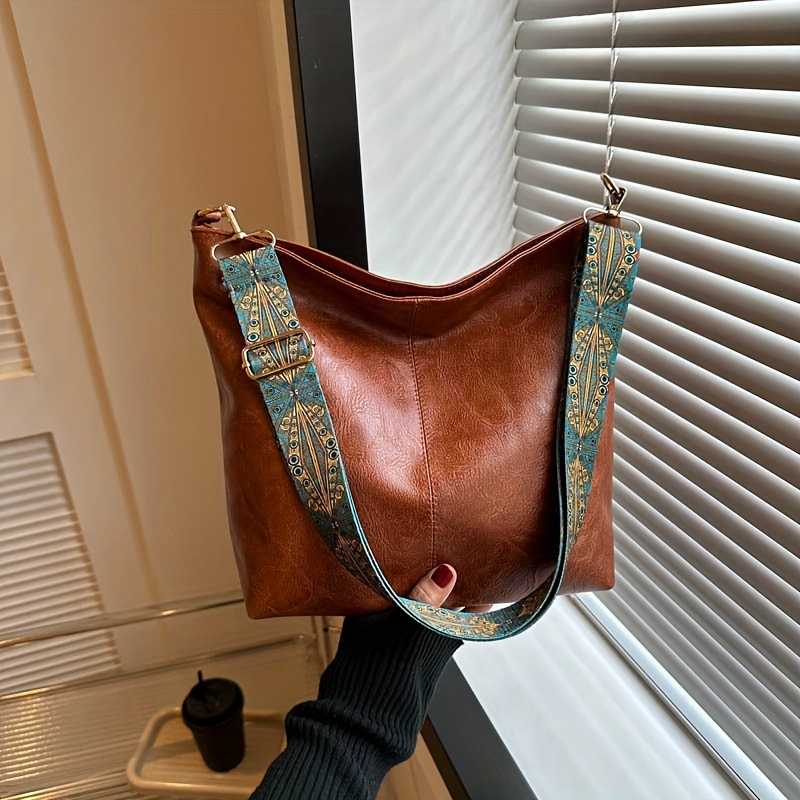 

Retro Solid Color Crossbody Bag, Bohemian Wide Strap Shoulder Bag, Fashion Vegan Leather Hobo Bag