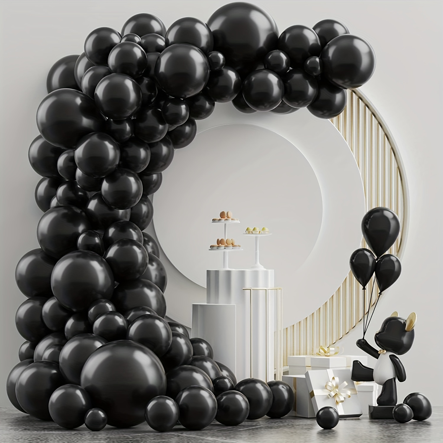 Juego de 120 globos negros y dorados, confeti metálico negro y dorado,  globos de látex, kit de guirnalda para cumpleaños, graduación, boda