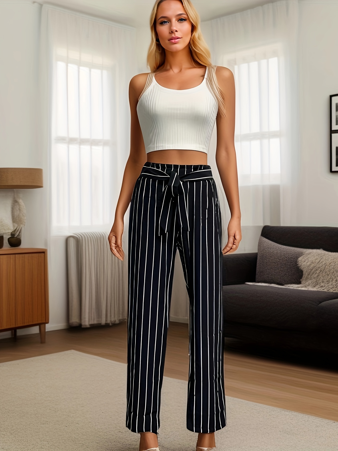 Loose Pants Two-piece Set, Casual White Fitted Cami Top & Striped Pencil  Pants Set, Women's Clothing