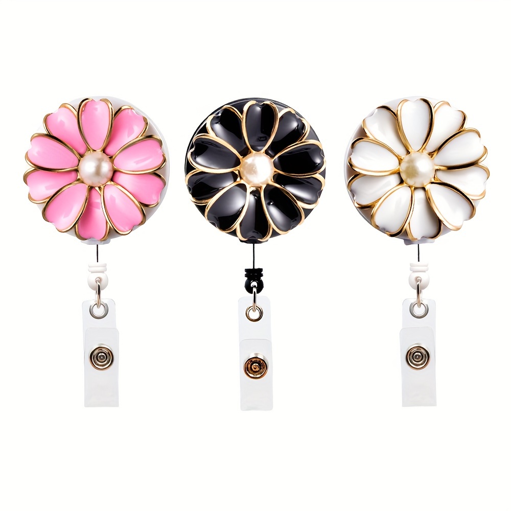 3PCS Retractable Badge Holder Pearl Flower ID Badge Reel with Alligator Clip