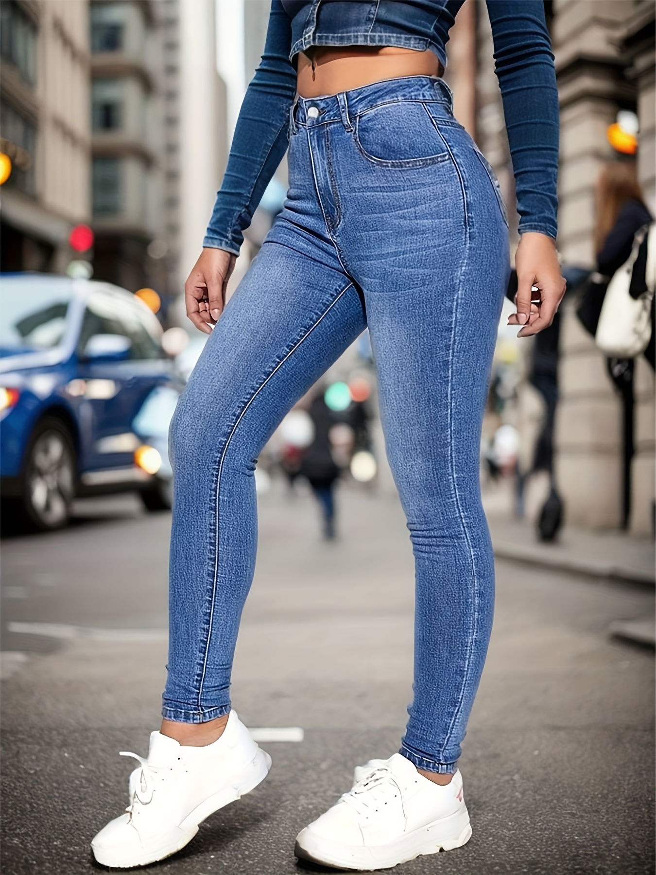 Stretchy Whiskering Skinny Jeans Medium Blue High Slash - Temu Canada