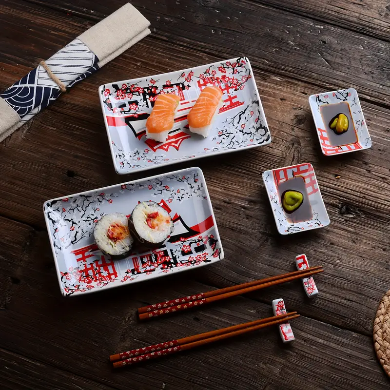 8 PCS Porcelain Sushi Sets, Japanese Style Dinnerware Set, Included 2 X  Sushi Plates, 2 X Dip Bowls, 2 X Sticks Stands, 2 Pairs Of Bamboo  Chopsticks F
