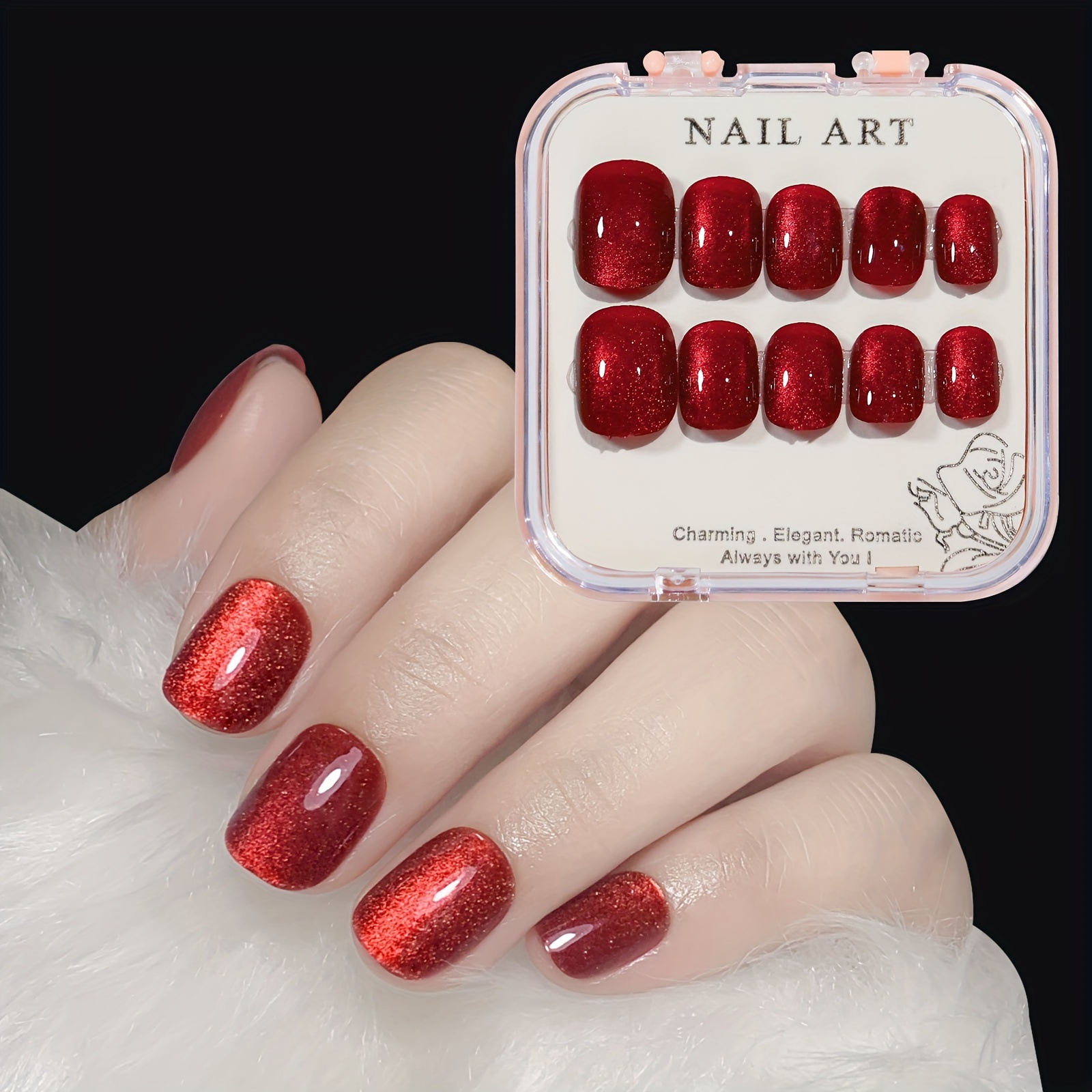 Cherry Red Cat Eye False Nail Short Square Press on Nails for Nail Art 24pcs