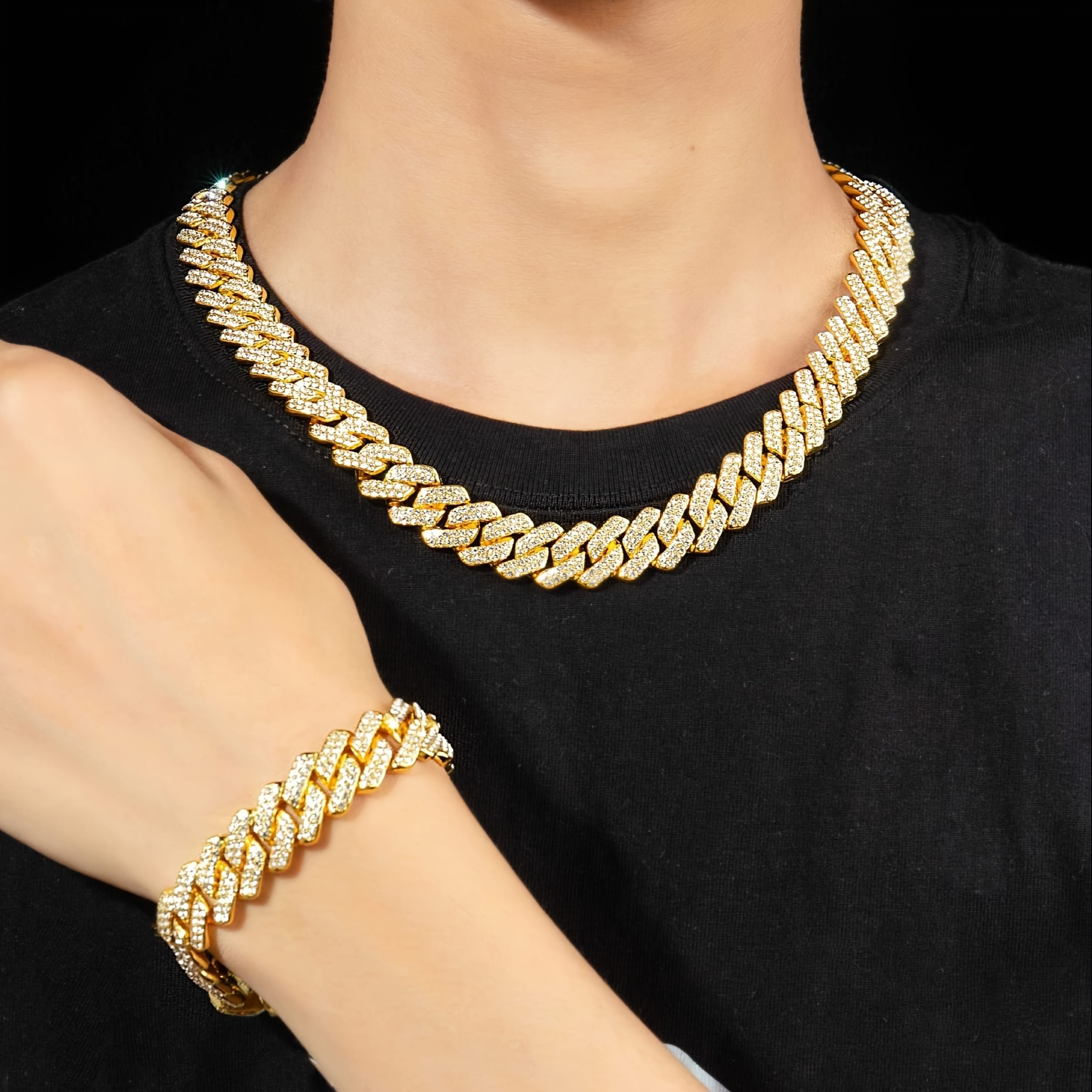 Fashion Cuban Link Iced Necklace/bracelet Men Rhinestones - Temu