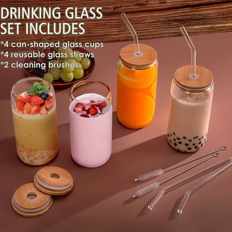 Drinking Glasses with Bamboo Lids and Glass Straw - 18.6 Oz Can
