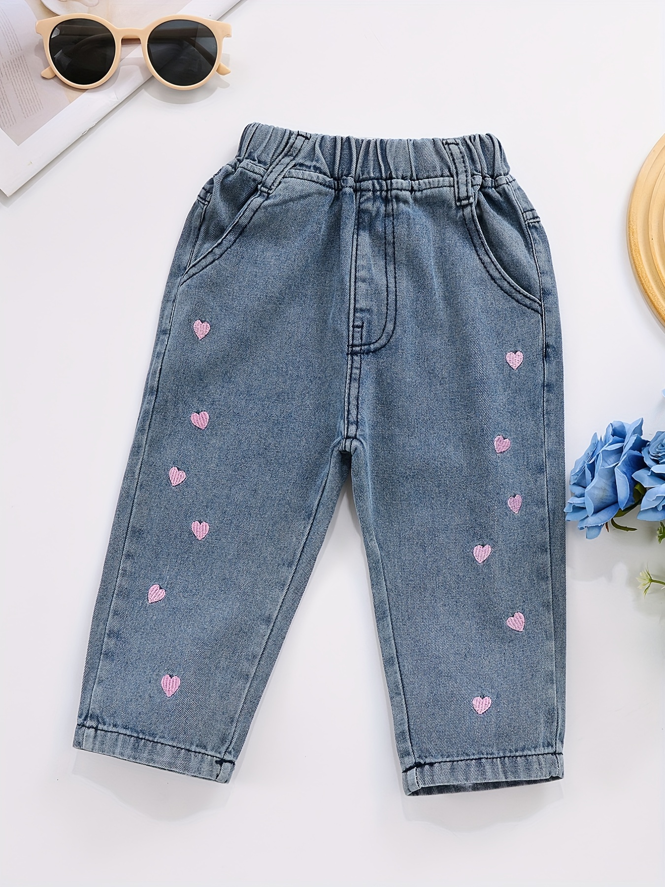 Cute Heart Patched Girls Long Flared Denim Jeans, Girls Trendy Pants For  All Seasons