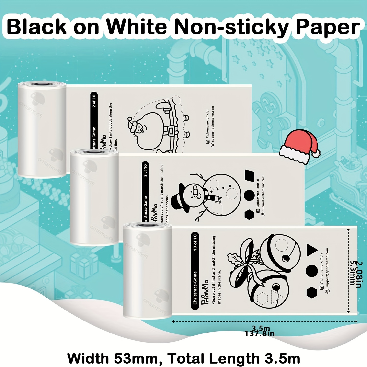 T02 Thermal Mini Sticker Printer Paper, White Non-Sticky Paper, Black On  White Paper for Journal, Photo, To Do List, 53mm x 6.5m, 3 Rolls, Keep for  10