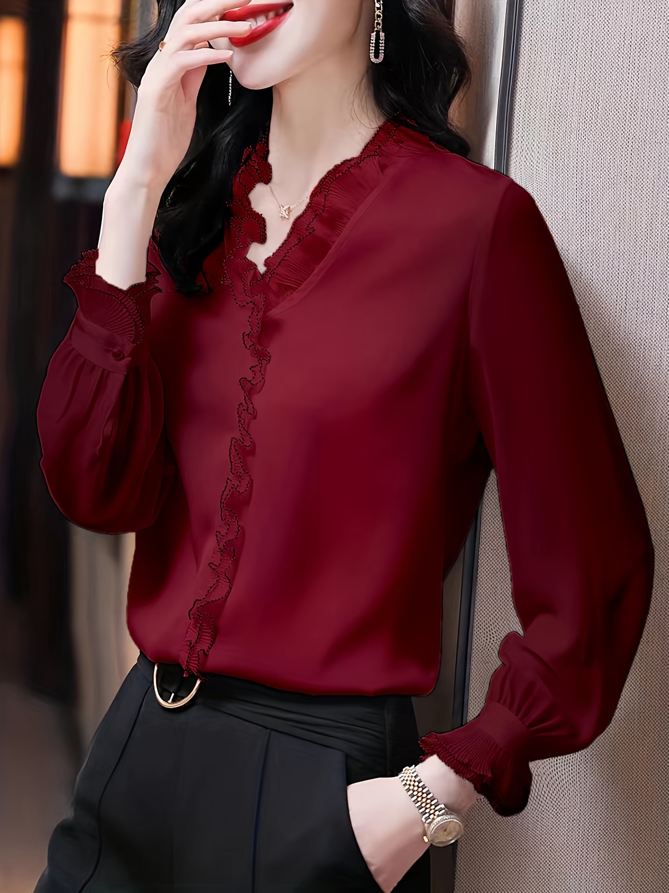 Blusa elegante de manga larga con cuello alto sólido, top informal para  todos los días para primavera y otoño, ropa de mujer