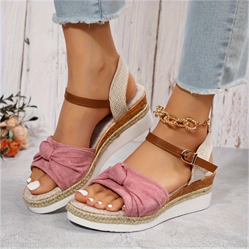 women s bow wedge sandals open toe ankle buckle strap shoes details 2