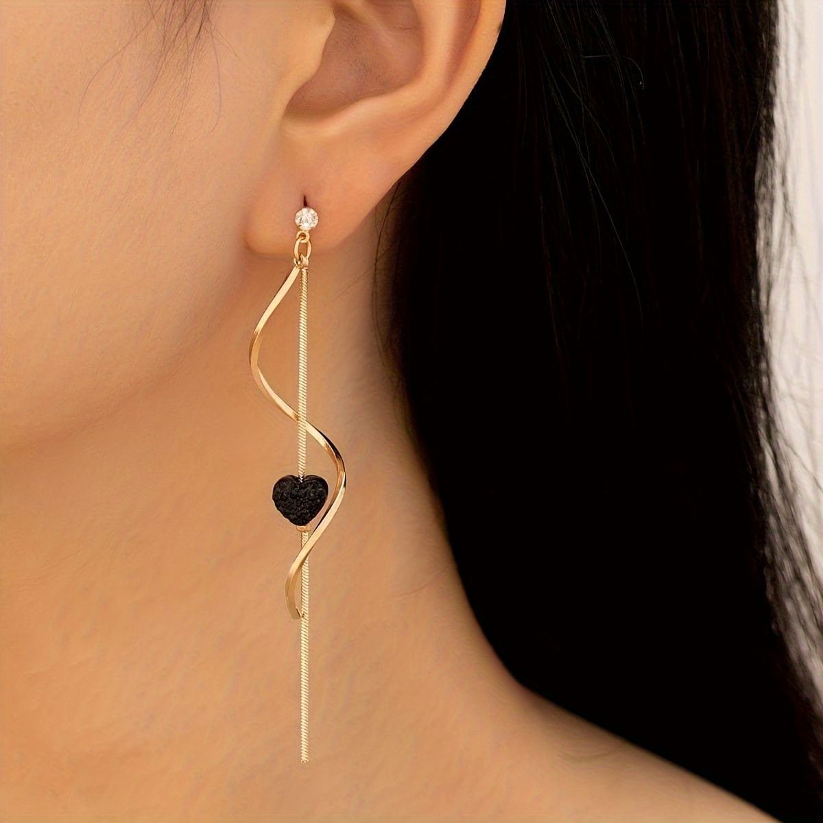 Heart Spiral Dangle Earrings with Rhinestone Accents