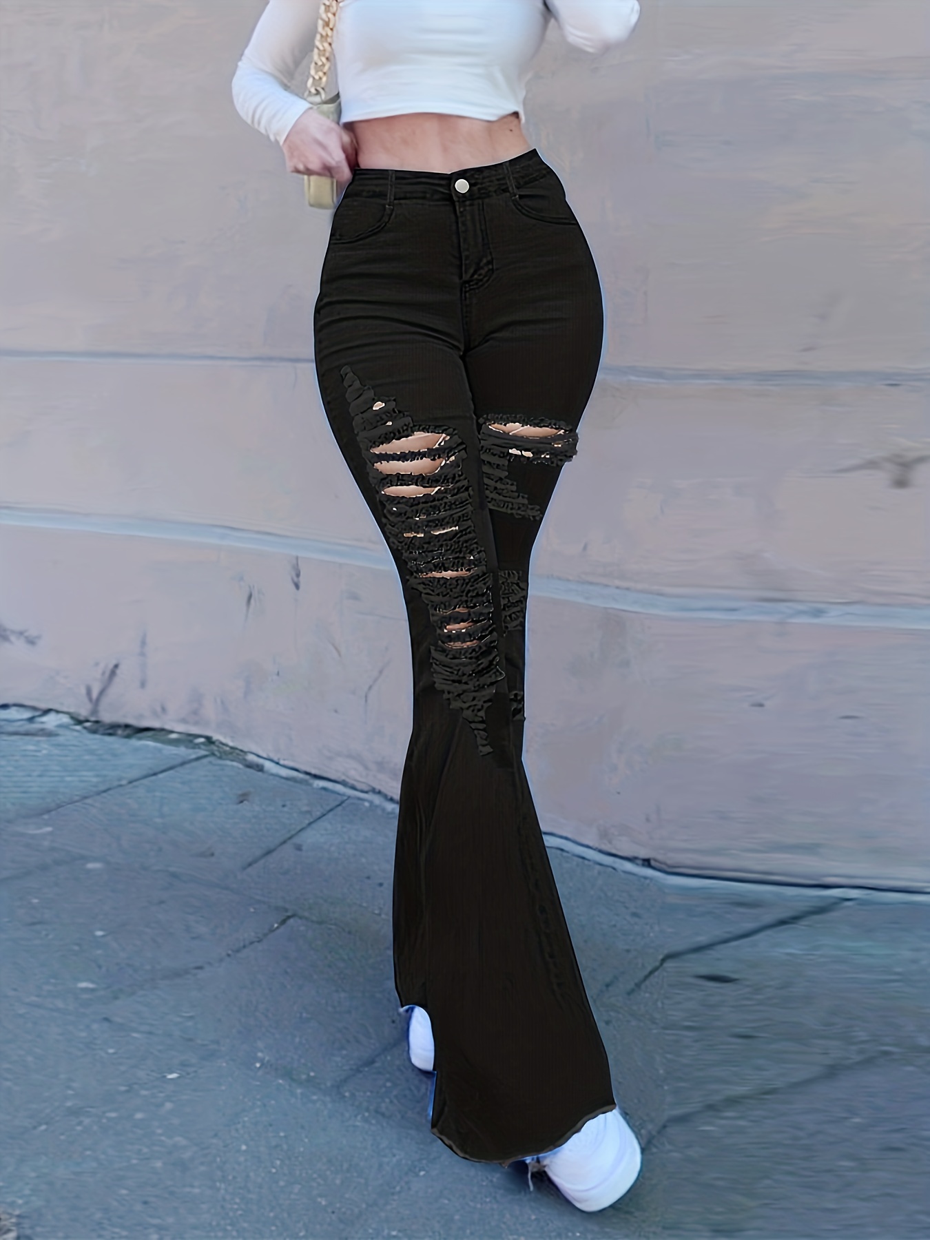 Calças de sino de cintura alta rasgadas pretas da moda, calças compridas  com bainha plissada, jeans e roupas femininas