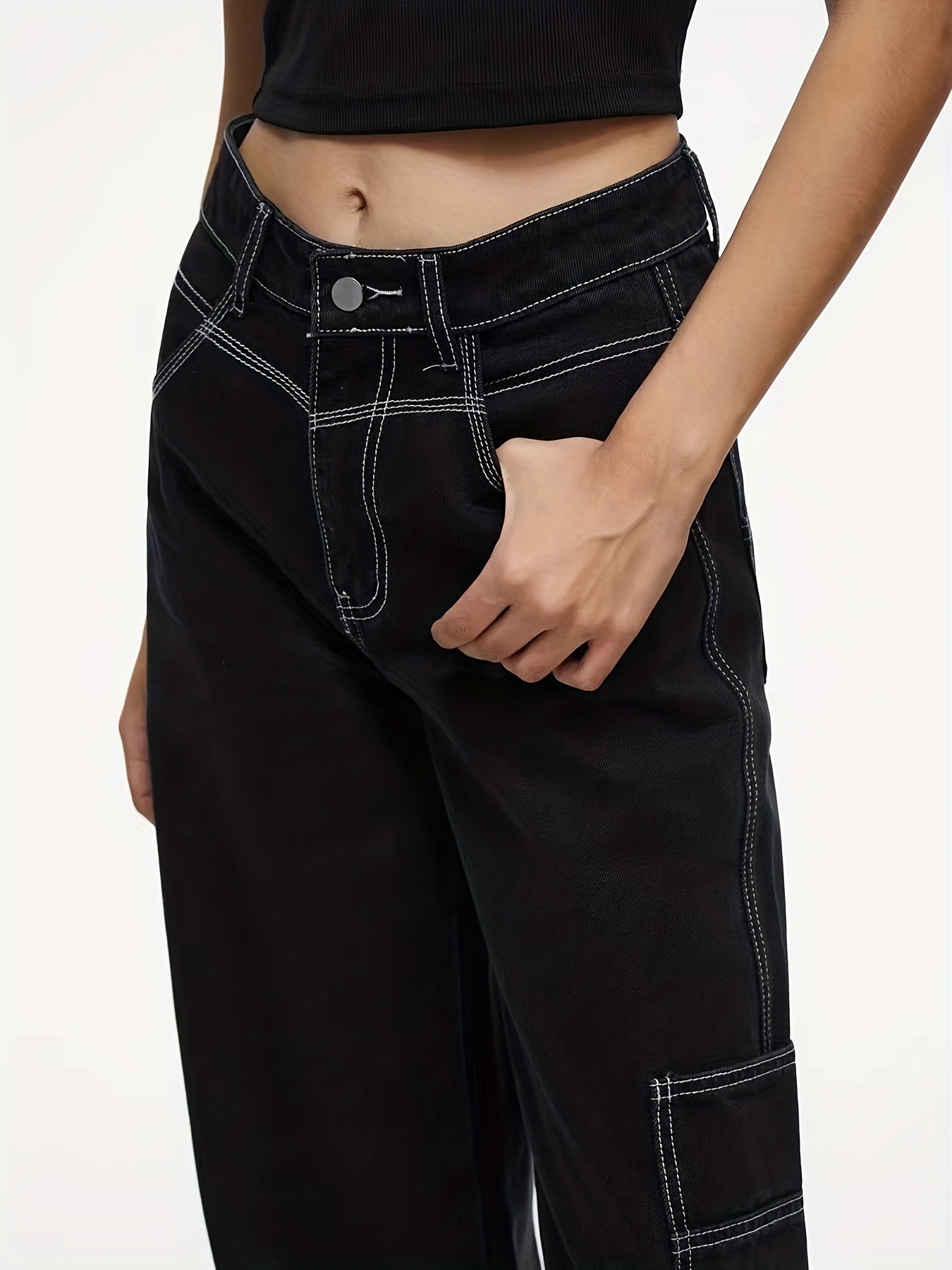 Contrast Seam Stitching Black Loose Straight Leg Jeans, Solid Color Casual  Slash Pocket Low Waist Denim Pants, Street Casual Kpop Y2K Style, Women's