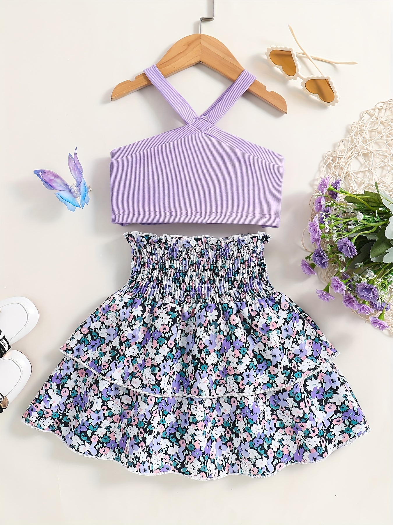 Girls 2pcs Camisole Crop Top & Elastic Waist Skirt Set Floral Print Puff  Sleeve Off-shoulder Drawstring Top Cute Casual Kids Clothes Summer