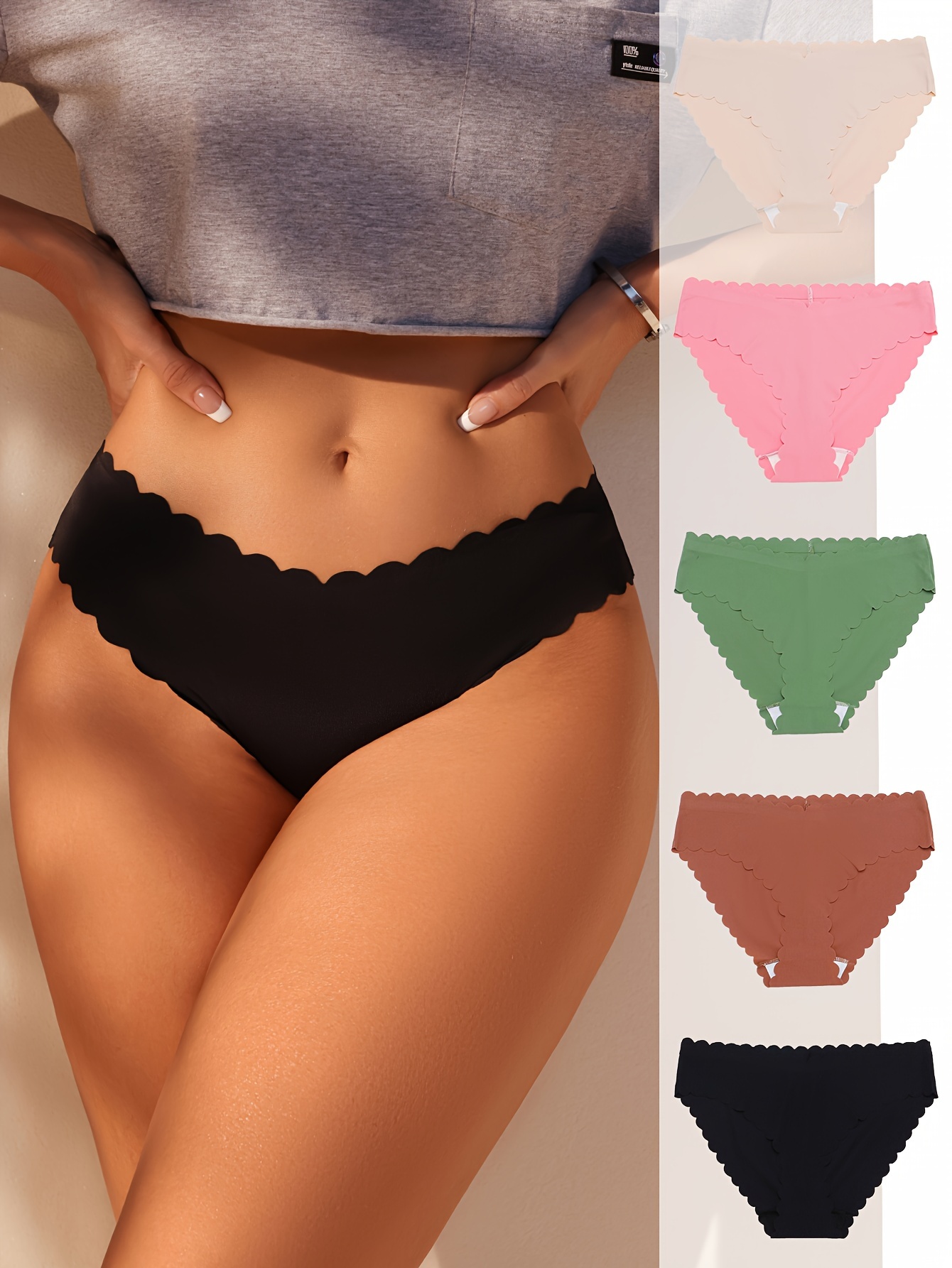 Seamless Solid Briefs Comfy Breathable Scallop Trim Panties - Temu