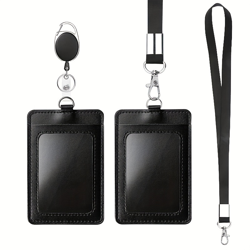 2 Set ID Badge Holder Horizontal Black with Lanyard and Black Retractable  Reel