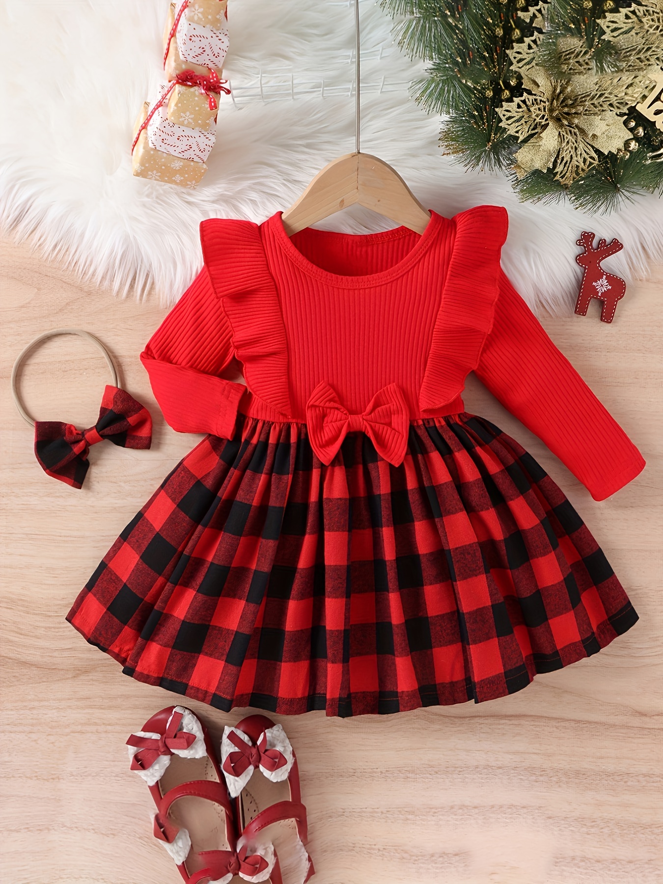 Christmas All Over Snowflake Print Red Plaid Long-sleeve Baby Dress