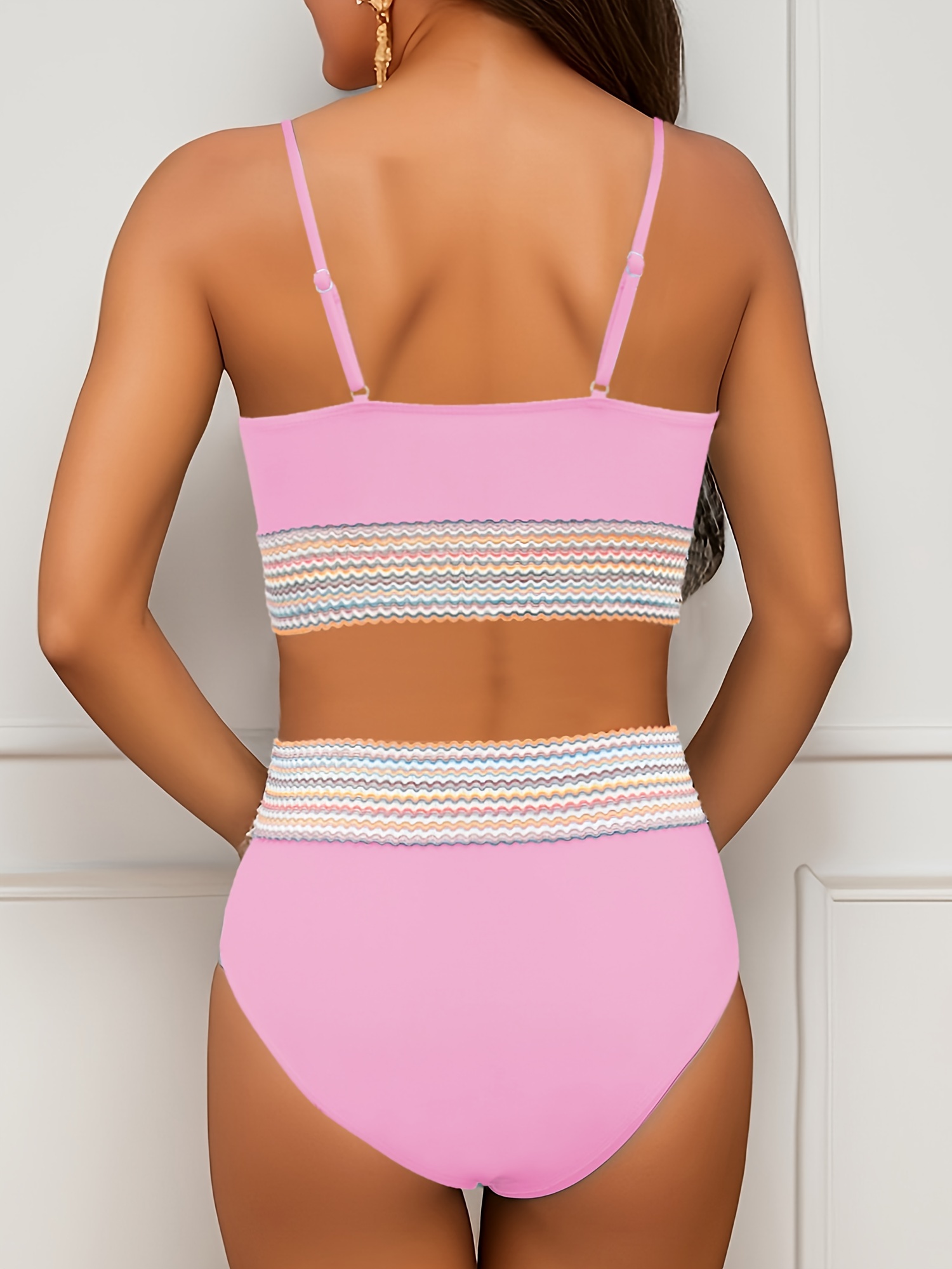 Sexy Solid Padded Bra Spaghetti Strap High Waist Biquini Swimsuit Swimwear  for Women, Size:L(Pink), snatcher