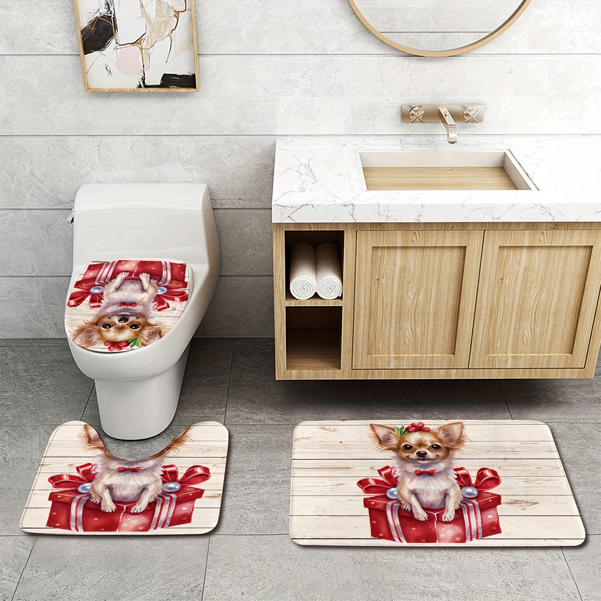 Christmas Cute Dog And Gift Printed Floor Mat, Three-piece Bathroom Mat  Set, Non-slip Mat, Water-absorbent Mat, Toilet Lid Mat, Toilet U-shaped Mat,  Floor Rugs - Temu New Zealand