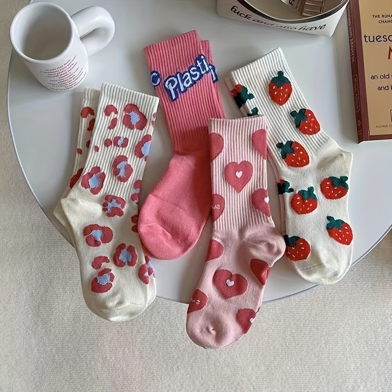

4 Pairs Cartoon Print Socks, Comfy & Cute Mid Tube Socks, Women's Stockings & Hosiery
